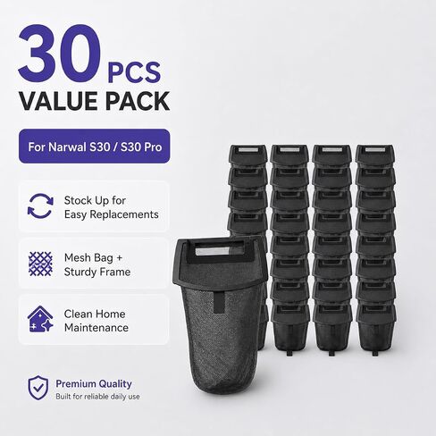 30 PCS Dust Bags for Narwal S30 Pro / S30 Wet Dry Vacuum Mop, Self-Contained Waste Separation Bag Replacement Parts, Fine Mesh Filter Bag with Rigid Frame for Dust, Hair and Debris in Kuwait