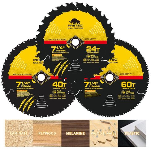 7-1/4" Circular Saw Blades, 24T/40T/60T Wood Cutting Set, 5/8" Arbor, 3PCS | Framing, General & Finish Blade Combo, Teflon Anti-Stick, Thin Kerf Carbide Tipped ATB Teeth for Laminated, OSB, Lumber in Kuwait