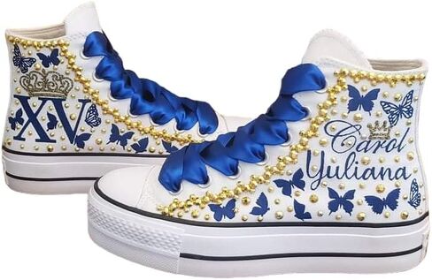 Fifteen Birthday Custom Shoes, Quinceanera Sneakers Buterflies Printed, Mis XV Shoes high top Blue in Kuwait