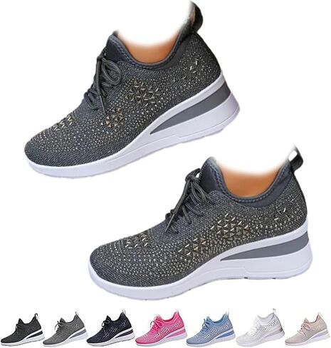 Women's Glittery Rhinestone Fashion Breathable Wedge Sneakers, Mesh Lace Up Platform Sparkly Wedding Dressy Knitted Tennis Shoes in Kuwait