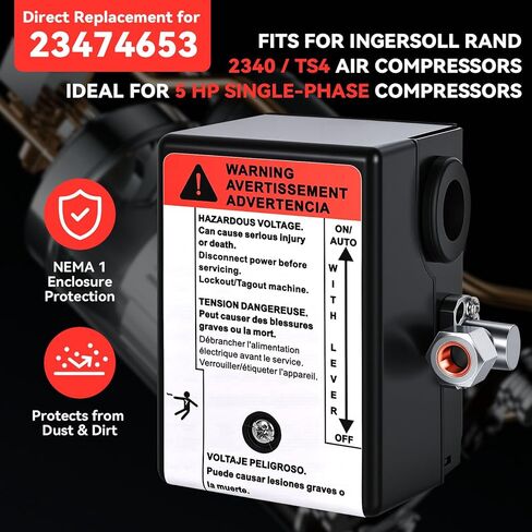 23474653 Air Compressor Pressure Switch for Ingersoll Rand, 145/175 PSI for 2340L5 2340N5 2340D5-V TS4N5 TS4L5 IR 5HP Single Phase Air Compressors, 4-Port 1/4" FNPT with Built-In Unloader Valve in Kuwait