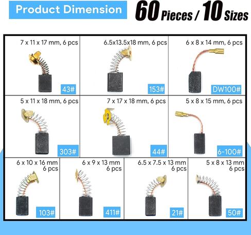 60PCS Carbon Brushes Replacement Kit, 10 Sizes Motor Carbon Brushes for Power Tools, Copper-Graphite Electric Motor Brushes for Angle Grinder, Hammer Drill, Circular Saw, Vacuum Cleaner in Kuwait