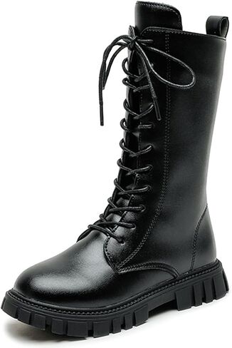 Lace Up Comfort Boots For Girls Comfort Side Zipper Round Toe Lug-Sole Mid Calf Booties Punk Goth Party Daily Casual For Toddler Little Kid Big Kid in Kuwait