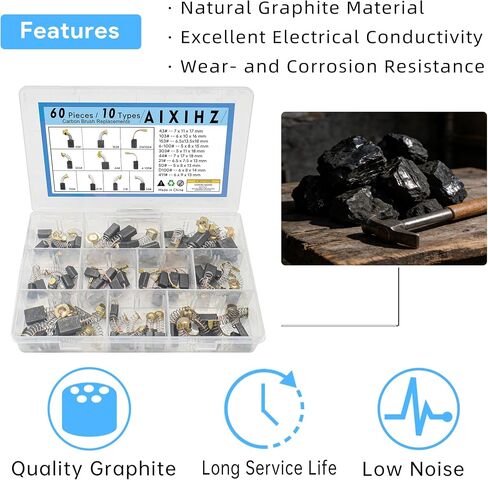 60PCS Carbon Brushes Replacement Kit, 10 Sizes Motor Carbon Brushes for Power Tools, Copper-Graphite Electric Motor Brushes for Angle Grinder, Hammer Drill, Circular Saw, Vacuum Cleaner in Kuwait