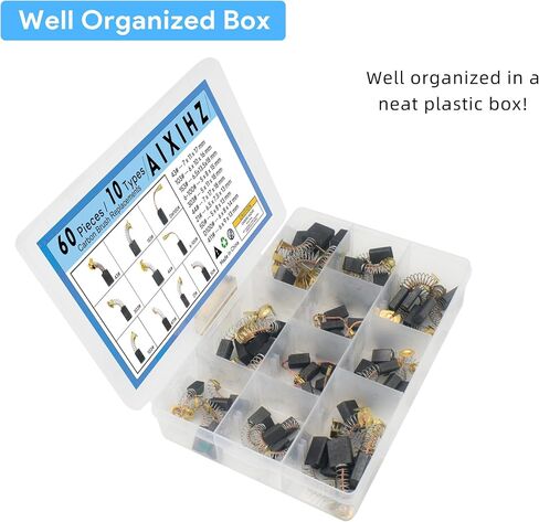 60PCS Carbon Brushes Replacement Kit, 10 Sizes Motor Carbon Brushes for Power Tools, Copper-Graphite Electric Motor Brushes for Angle Grinder, Hammer Drill, Circular Saw, Vacuum Cleaner in Kuwait