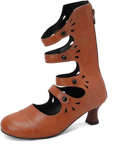 Aflngle Women's Vintage Round Toe Kitten Low Chunky Heels Back Zipper Mid Calf Boots Classic Button Hollow Out Gothic Victorian Witch Booties in Kuwait