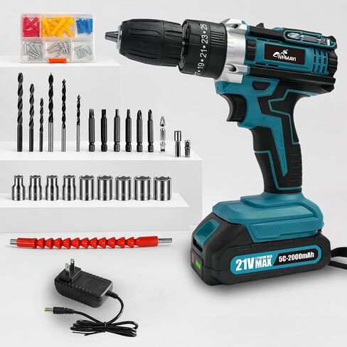 21V Cordless Drill Set, 1 x 2.0Ah Batteries, 3/8-Inch Chuck | 21+1 Torque Settings, 2-Speed Control, LED Work Light, Flexible Shaft and Bits for Home Repairs and DIY Projects in Kuwait