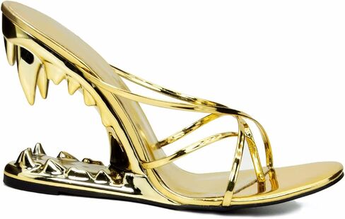 Metallic Shark Tooth Heel Mules Women Designer Sandals | One-piece shark tooth hollow heel, avant-garde weird style, nightclub, rave, photoshoot and avant party outfits. in Kuwait