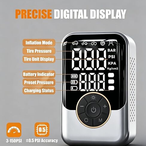 Portable Tire Inflator Air Pump for Car Tires - 3000mAh Cordless Air Compressor, 150 PSI Fast Inflation, ±0.5PSI Accurate Digital Display, LED Light, 4 Nozzles for Cars, Motorcycles, Bikes & Balls in Kuwait