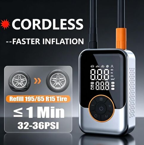 Portable Tire Inflator Air Pump for Car Tires - 3000mAh Cordless Air Compressor, 150 PSI Fast Inflation, ±0.5PSI Accurate Digital Display, LED Light, 4 Nozzles for Cars, Motorcycles, Bikes & Balls in Kuwait