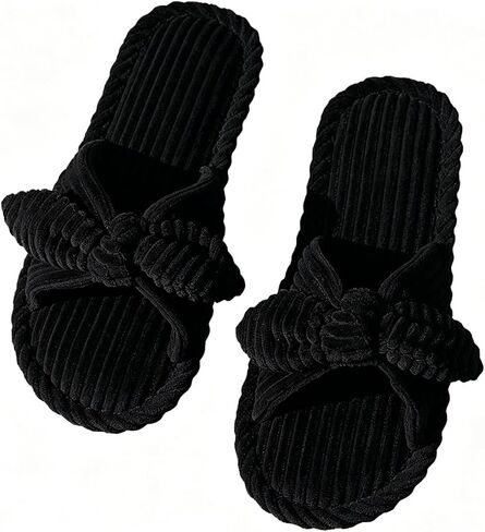 Comfortable And Soft Bow Open-toe Corduroy Cross-strap Slippers, Ideal for Home, Spa, And Hotel Use, Slip-on Slippers for Men And Women in Kuwait