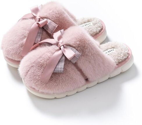 Plush slippers with bow decoration - thickened cotton slippers with added velvet - women's non slip indoor and outdoor universal gift slippers in Kuwait