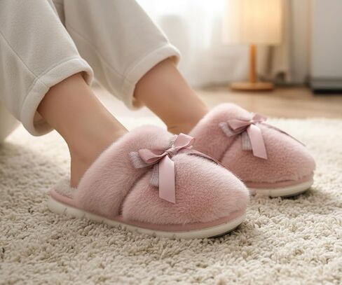 Plush slippers with bow decoration - thickened cotton slippers with added velvet - women's non slip indoor and outdoor universal gift slippers in Kuwait