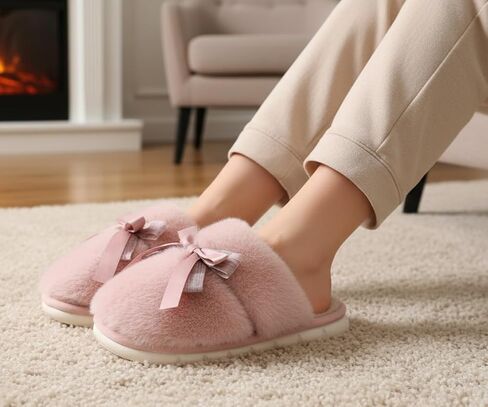 Plush slippers with bow decoration - thickened cotton slippers with added velvet - women's non slip indoor and outdoor universal gift slippers in Kuwait