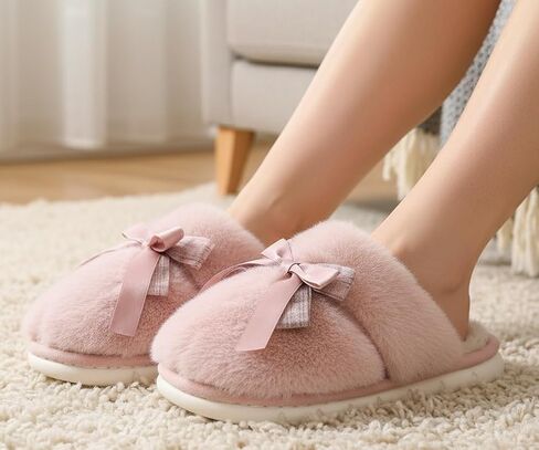 Plush slippers with bow decoration - thickened cotton slippers with added velvet - women's non slip indoor and outdoor universal gift slippers in Kuwait