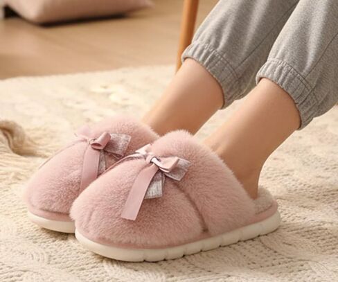 Plush slippers with bow decoration - thickened cotton slippers with added velvet - women's non slip indoor and outdoor universal gift slippers in Kuwait