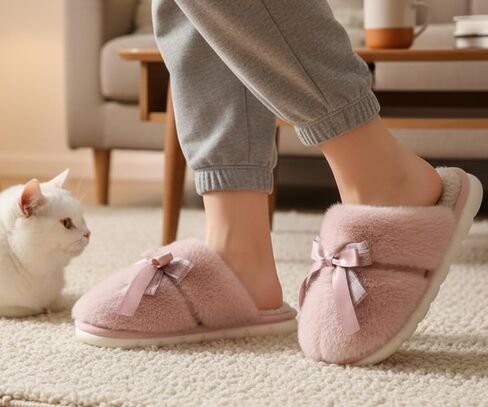 Plush slippers with bow decoration - thickened cotton slippers with added velvet - women's non slip indoor and outdoor universal gift slippers in Kuwait