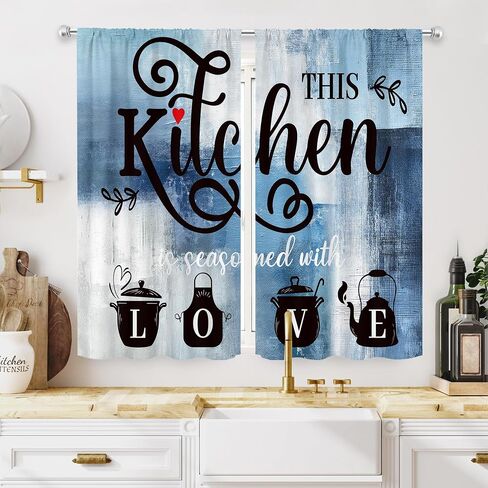 MESHELLY Teal Kitchen Curtains 27.5Wx39H Inch Rod Pocket Vintage Farmhouse Turquoise Grey Blue Abstract Bedroom Window Drapes Watercolor Quotes Printed Living Room Window Treatment Fabric 2 Panels in Saudi Arabia