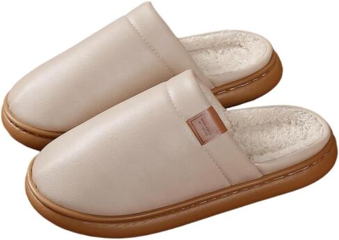 Slippers Women Waterproof PU Faux Fur Thick Sole House Shoes Soft PVC Non-Slip Warm Indoor Footwear for Winter in Kuwait