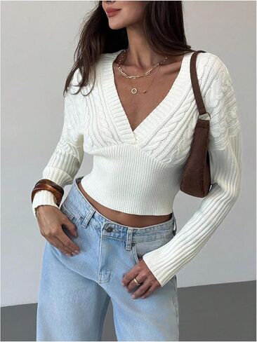 SOLY HUX Women's Deep V Neck Cropped Sweater Long Sleeve Fitted Knit Tops Pullover Fall Clothes in Saudi Arabia