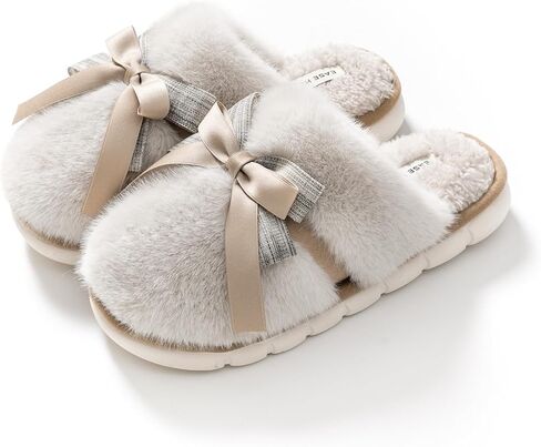 Plush slippers with bow decoration - thickened cotton slippers with added velvet - women's non slip indoor and outdoor universal gift slippers in Kuwait