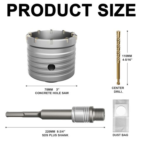 Concrete Hole Saw 3", Masonry Hole Saw 75mm with 220mm SDS Plus Quick-Release Auto-Lock System Shanktool-Replacement for Concrete Brick Cement Stone Wall Drilling Home Improvement in Kuwait
