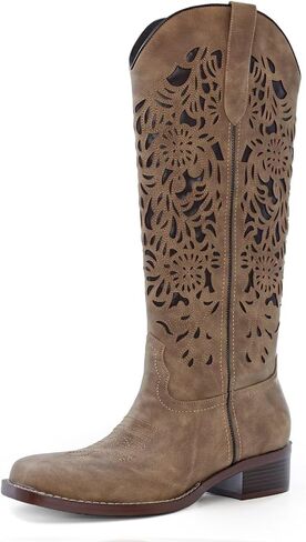 Womens Cowboy Boots Cut Out Floral Embroidered Cowgirl Boots Low Block Heel Comfortable Pull On Western Square Toe Tall Boots in Kuwait