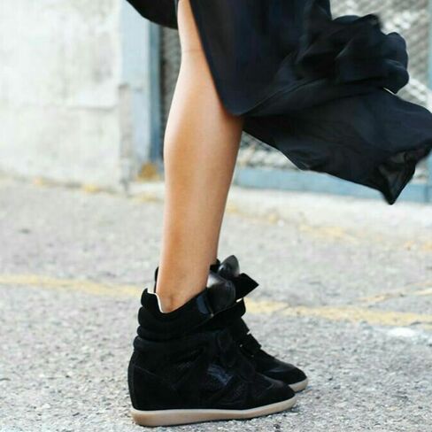 Hidden Wedge Sneakers for Women High Heel Sneakers | High Top Platform Sneakers, Women's Tennis Shoes, Triple Strappy Band, Round Toe, All-season Style, Black in Kuwait