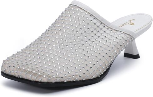 Tsrenlmln Women's Rhinestone Mesh Mules Slip On Shoes - Square Toe Kitten Heel Dress Shoes for Women, Commuting Shoes Evening Party in Kuwait