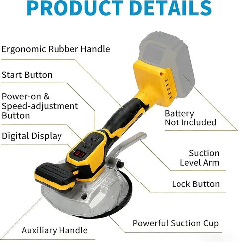 Cordless Tile Vibrator, 12 Speeds, 110LBS Suction, 4.92in Suction Cup, Compatible with Dewalt 20V Battery, Handheld Tiling Tool for Home & Pro Use, Tool Only in Kuwait