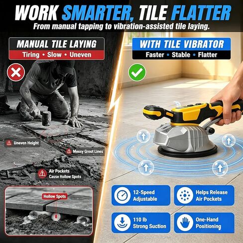 Cordless Tile Vibrator, 12 Speeds, 110LBS Suction, 4.92in Suction Cup, Compatible with Dewalt 20V Battery, Handheld Tiling Tool for Home & Pro Use, Tool Only in Kuwait