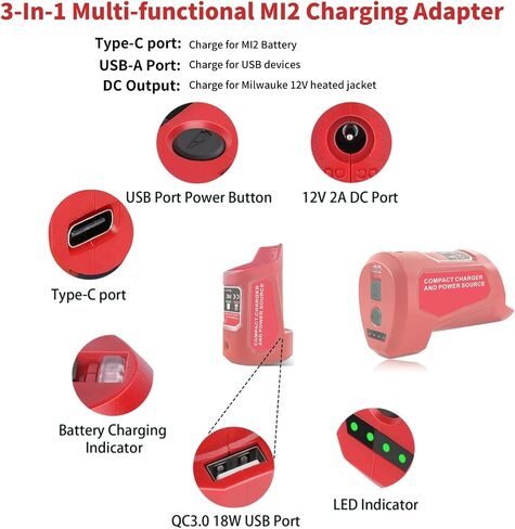 For M12 Battery Adapter, Replacement for Milwaukee 12V USB Power Source with USB Output for Mobile Phone, Type-C Input for M12 Battery Charger and DC Output for Milwaukee Heated Jacket Battery Adapter in Kuwait
