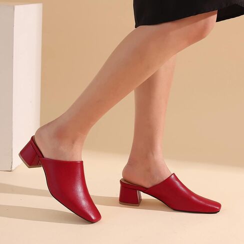 MOOMMO Women Chunky Heel Mules Red Closed Toe Square Toe Slip On Backless Pumps Maroon Mid Block Heel Comfort Matte Leather Slide Sandals Casual Cute Outdoor Slippers Dress Shoes 6 M US in Kuwait