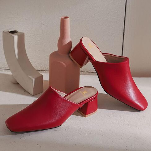 MOOMMO Women Chunky Heel Mules Red Closed Toe Square Toe Slip On Backless Pumps Maroon Mid Block Heel Comfort Matte Leather Slide Sandals Casual Cute Outdoor Slippers Dress Shoes 6 M US in Kuwait