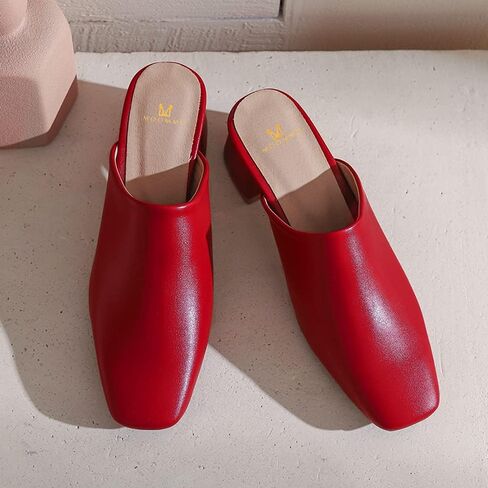 MOOMMO Women Chunky Heel Mules Red Closed Toe Square Toe Slip On Backless Pumps Maroon Mid Block Heel Comfort Matte Leather Slide Sandals Casual Cute Outdoor Slippers Dress Shoes 6 M US in Kuwait