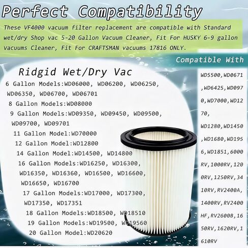 2 Pack Replacement VF4000 Filter for Ridgid Shop Wet/Dry Vac Filter 5-20 Gallon, Standard H13 HEAP Wet/Dry Vacuum Rigid Shop Vac，Compatible with 6-9 Gal Husky Vac & Craftsman Shop Vac 17816 9-17816 in Kuwait