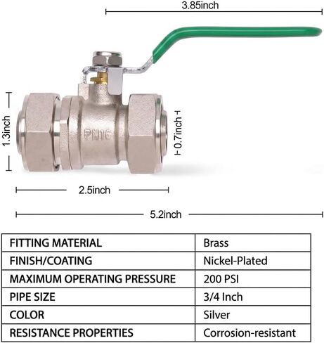 3/4" Air Line Ball Valve, Heavy-Duty Nickel-Plated Brass In-Line Shut-Off Valve, 200 PSI Leak-Proof Compression Fitting for Rapid Air Piping Systems & Shop Garage in Kuwait