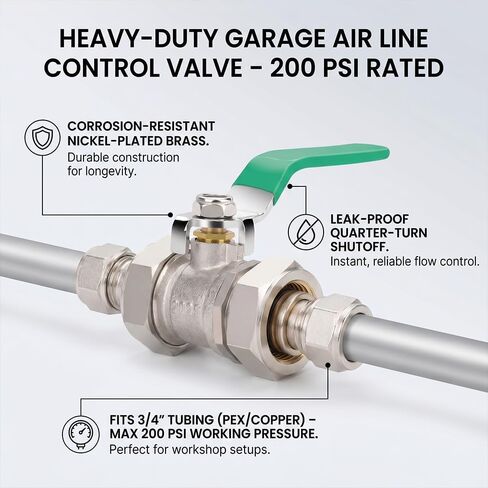 3/4" Air Line Ball Valve, Heavy-Duty Nickel-Plated Brass In-Line Shut-Off Valve, 200 PSI Leak-Proof Compression Fitting for Rapid Air Piping Systems & Shop Garage in Kuwait