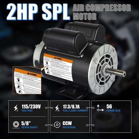 AZZUNO 2HP Air Compressor Electric Motor, 115V/230V, 17.3/8.7Amps, 56 Frame 3450RPM, 5/8" Keyed Shaft, 1.88" ShaftLength, Single Phase, CCW in Kuwait