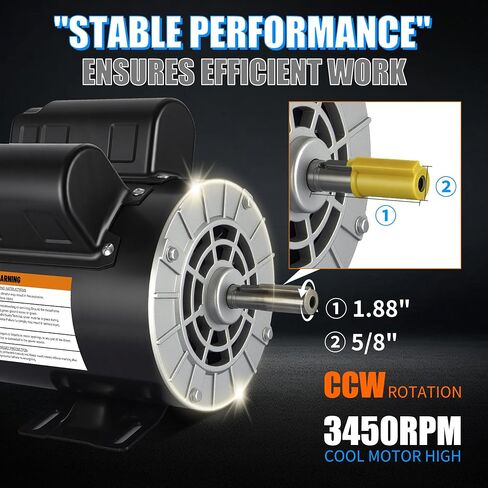 AZZUNO 2HP Air Compressor Electric Motor, 115V/230V, 17.3/8.7Amps, 56 Frame 3450RPM, 5/8" Keyed Shaft, 1.88" ShaftLength, Single Phase, CCW in Kuwait
