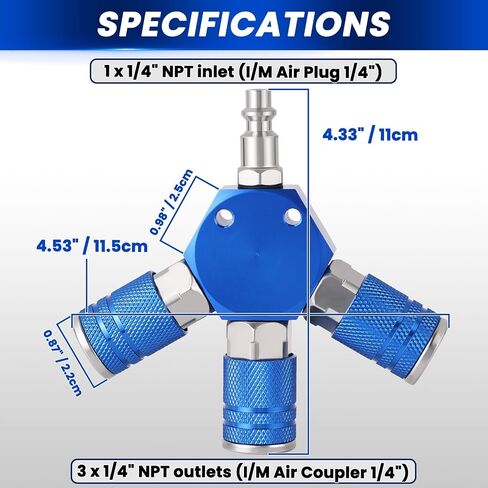 Air Manifold, 3-Way 1/4" NPT Air Compressor Manifold with Quick Connect Fittings, 3-Way Air Hose Fittings Splitter with 3pcs 1/4" NPT Couplers & 1pcs Plug for Air Compressor Fittings in Kuwait