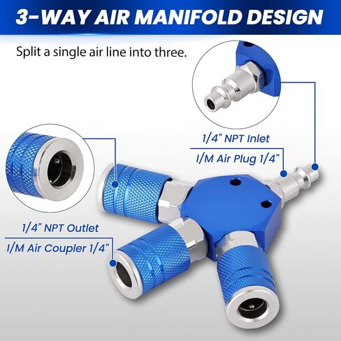 Air Manifold, 3-Way 1/4" NPT Air Compressor Manifold with Quick Connect Fittings, 3-Way Air Hose Fittings Splitter with 3pcs 1/4" NPT Couplers & 1pcs Plug for Air Compressor Fittings in Kuwait