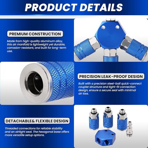 Air Manifold, 3-Way 1/4" NPT Air Compressor Manifold with Quick Connect Fittings, 3-Way Air Hose Fittings Splitter with 3pcs 1/4" NPT Couplers & 1pcs Plug for Air Compressor Fittings in Kuwait