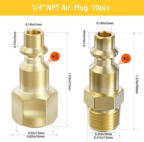 1/4 Inch Air Plug 10PCS Air Hose Connectors MNPT*5 FNPT*5 Air Plug Brass Connect Fitting Industrial Hose Quick Connect Fitting for Compressor in Kuwait
