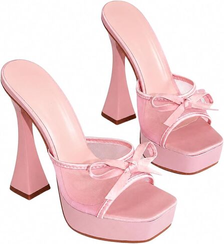 Mesh Mules for Women Satin Platform Wedge Mesh Mules with Bowknot Pink Open Toe Slip on Mule Heels Square Toe Slide in Summer Breathable Chunky Sole Ladies Dance Party Heels Trending in Kuwait