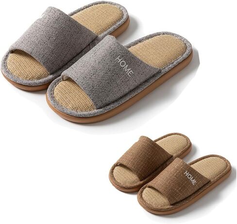 2 Pairs Linen Open Toe Slippers, Washable Breathable Indoor Home Shoes | Linen House Slippers for Men Women Home Slippers Washable Non-Slip EVA Slippers Outdoor Comfort House Shoes in Kuwait