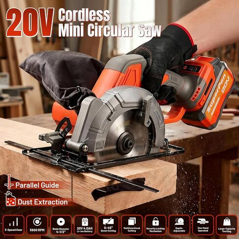 21V Cordless Mini Circular Saw, 4-1/2" Compact Wireless Circular Saw 6.0Ah Battery, Charger, 3 Blades, 5600RPM, Large-Capacity Tool Bag, Max Cutting Depth 1-11/16"(90°), 1-1/8"(45°) in Kuwait