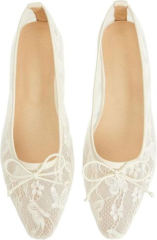 BEAUDRM Women's Floral Lace Ballet Flats Bow Sheer Mesh Closed Toe Slip On Dress Shoes in Kuwait
