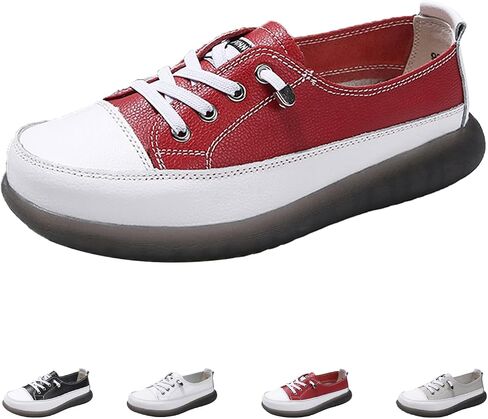 Women's Leather Casual Sneakers,Comfortable Breathable Non-Slip Softsole Oxford Lace-up Trendy Walking Sports Shoes in Kuwait