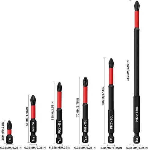6 Pcs TS2 Red Non-Slip PH2 Cross Screwdriver Bit Set, Magnetic High Hardness Driver Bits, 0.98–5.91 Inch Lengthened Drill Accessories for Electric Screwdriver Repair Use in Kuwait